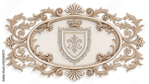 A detailed, close-up shot of an ornate, three-dimensional heraldic design crafted in a light beige or cream color