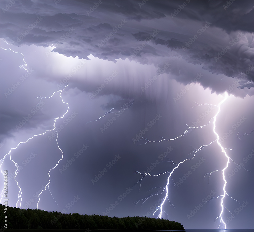 Thunderous dark sky with black clouds and flashing lightning. Panoramic view. Concept on the theme of weather, natural disasters, storms, typhoons, tornadoes, thunderstorms, lightning.generative ai Thunderous dark sky with black clouds and flashing lightning. Panoramic view. Concept on the theme of weather, natural disasters, storms, typhoons, tornadoes, thunderstorms, lightning.generative ai
