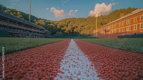 Baseball field baseline at sunset with spectators and buildings in background. Use for sports, travel, or tourism photo