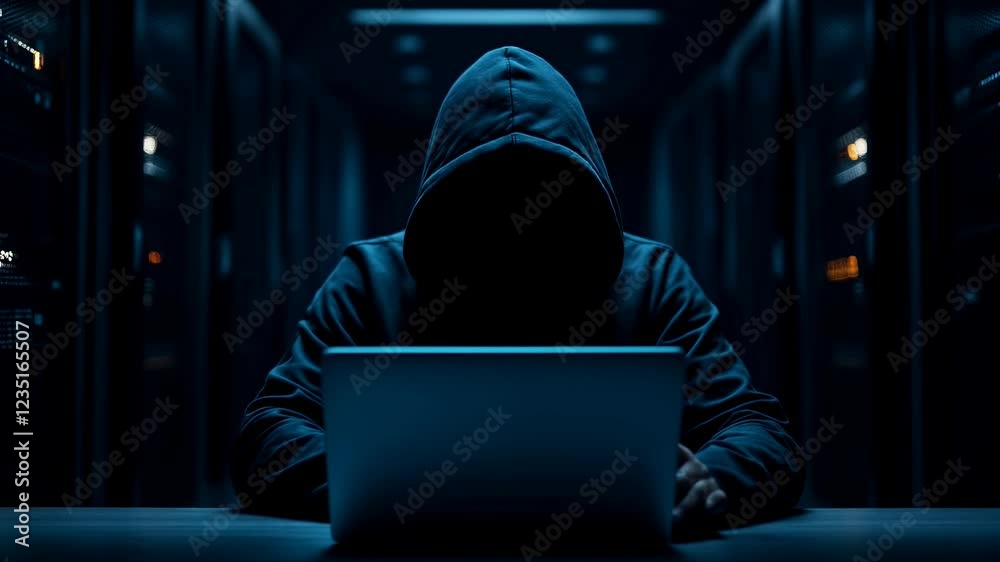 Mysterious hooded hacker in dark server room working on laptop. Cybersecurity threat concept. Digital crime scene in blue lighting. Technology danger visualization for banner with copy space