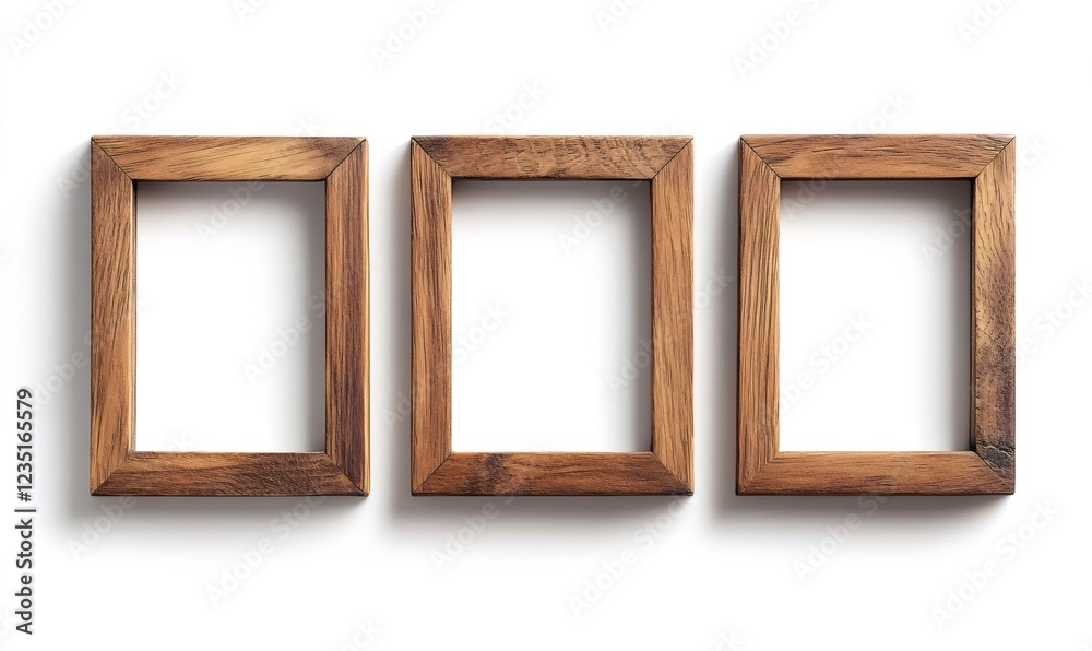 Three simple brown wooden picture frames are creating a stylish arrangement on a clean white background Three simple brown wooden picture frames are creating a stylish arrangement on a clean white background