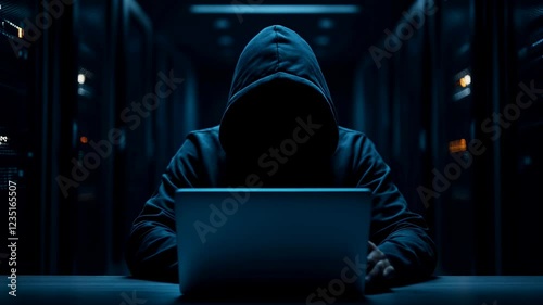 Mysterious hooded hacker in dark server room working on laptop. Cybersecurity threat concept. Digital crime scene in blue lighting. Technology danger visualization for banner with copy space