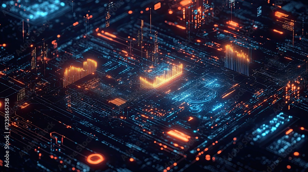 Fototapeta premium Visual representation of AI technologies, including big data analysis, deep learning, and machine learning. --ar 16:9 --style raw --stylize 250 --v 6.1 Job ID: ff883828-2962-470d-abf6-ad47fae256c6