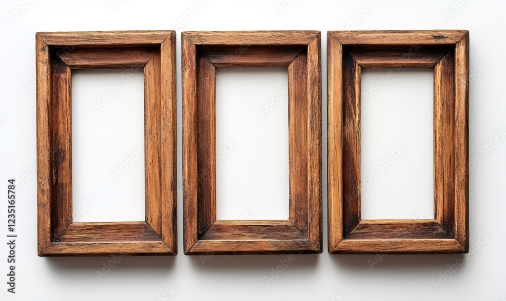Trio of empty wooden frames arranged side by side Trio of empty wooden frames arranged side by side