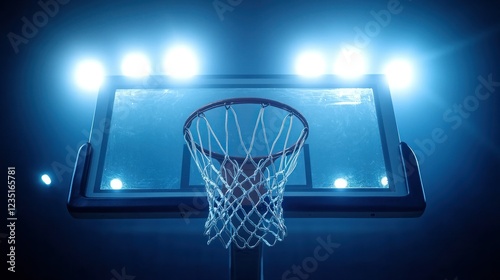 Basketball hoop, dramatic lighting, indoor arena, shot photo