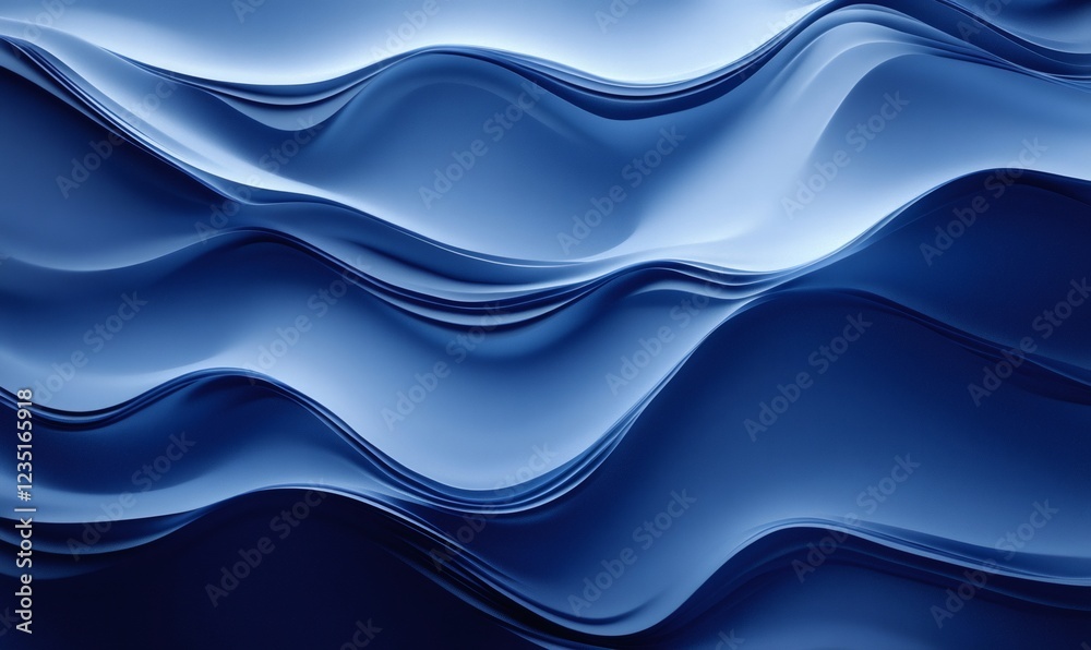 Smooth, undulating blue waves create an abstract background, giving a sense of motion and fluidity