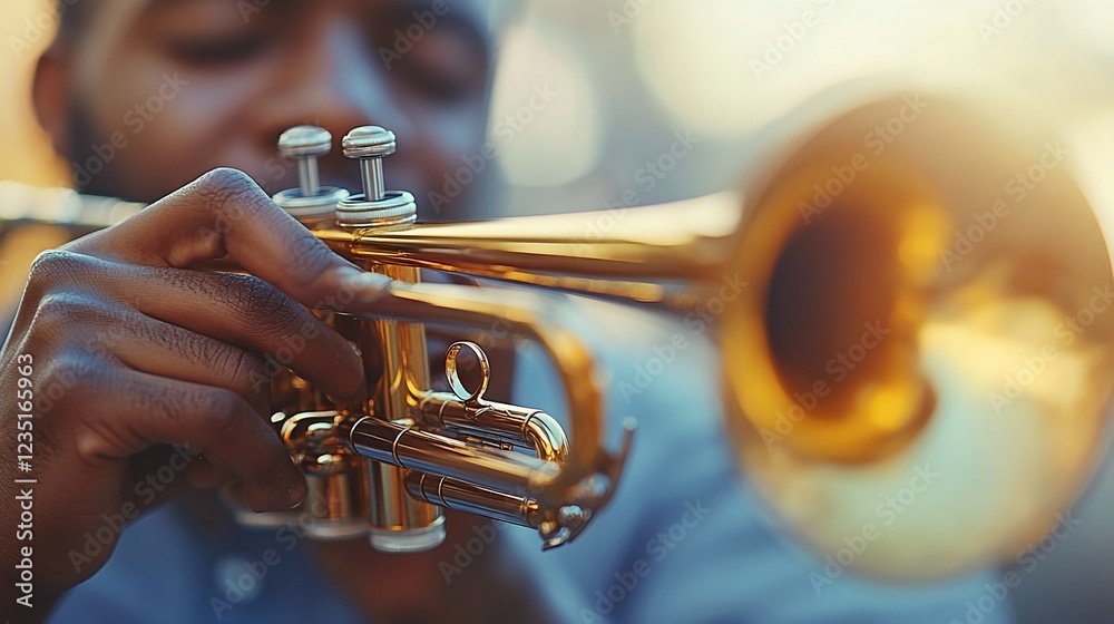 Obraz premium Musician playing a trumpet outdoors during golden hour, with a soft bokeh background