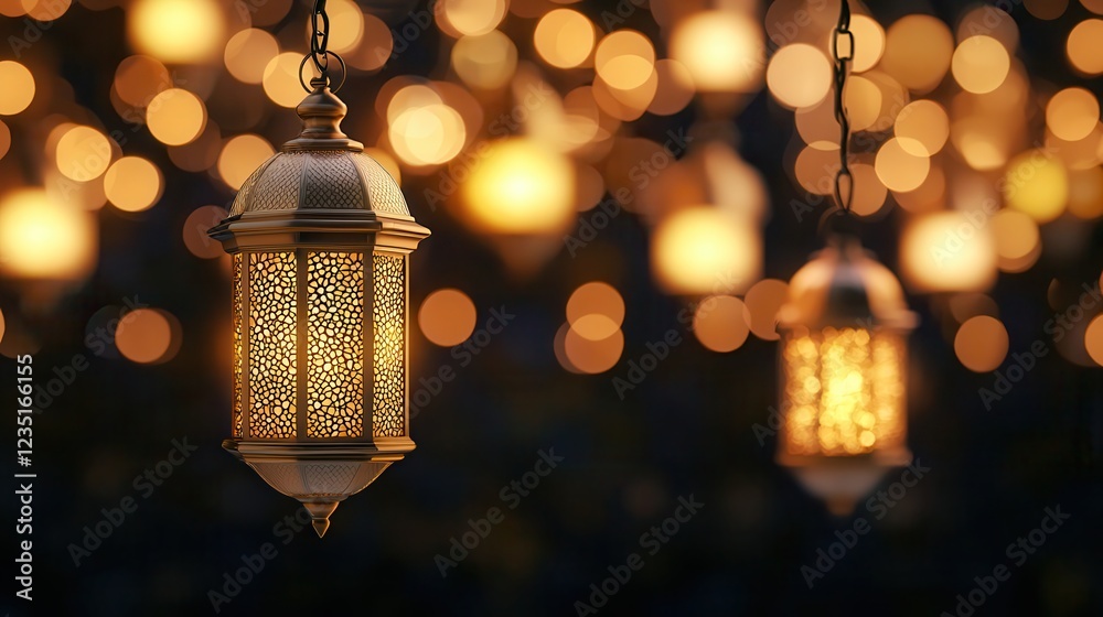 Glowing Golden Lanterns Floating in Darkness Creating a Magical Atmosphere Glowing Golden Lanterns Floating in Darkness Creating a Magical Atmosphere