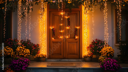 Beautifully decorated front door for Diwali, with glowing diyas, string lights, and flower garlands 16:9 - Image #1 @fme39856 photo