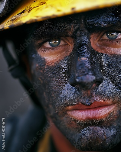 A a firefightera??s soot-covered face during a wildfire rescue operation. photo