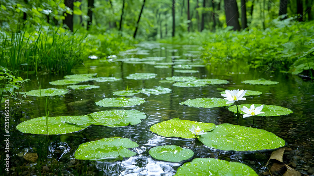 Serene forest stream with water lilies, lush greenery background Serene forest stream with water lilies, lush greenery background