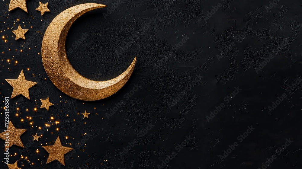 Golden Crescent Moon with Twinkling Stars on Dark Background Golden Crescent Moon with Twinkling Stars on Dark Background