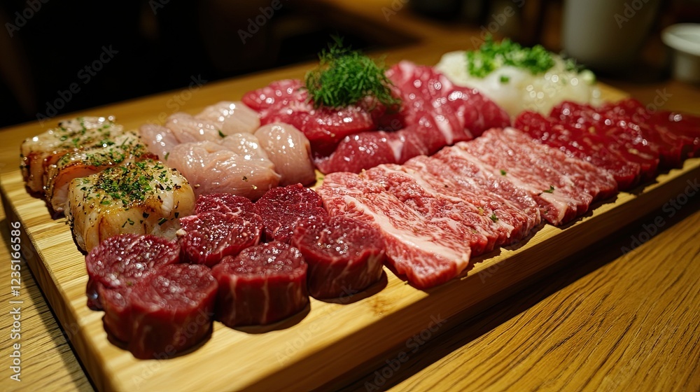 Assorted raw meats (beef, lamb, chicken) on a wooden board. - Assorted raw meats (beef, lamb, chicken) on a wooden board. -