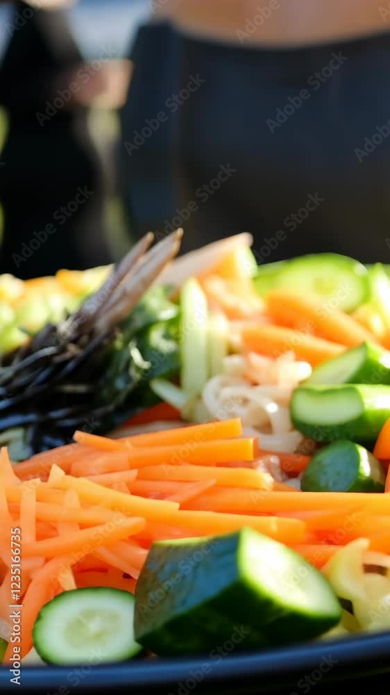 Freshly prepared vegetable platter with vibrant colors at an outdoor gathering in warm weather