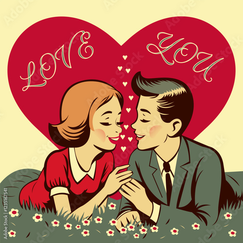 A vintage-style illustration of a romantic couple gazing lovingly at each other, surrounded by a heart with "Love You" written in elegant script. The warm color palette enhances the nostalgic, classic