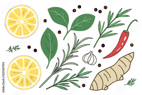  Vibrant fresh ingredients, herbs and spices, overhead view, white background, high-resolution photography, colorful citrus fruits, aromatic herbs, pungent spices, ginger root, garlic cloves, red chil