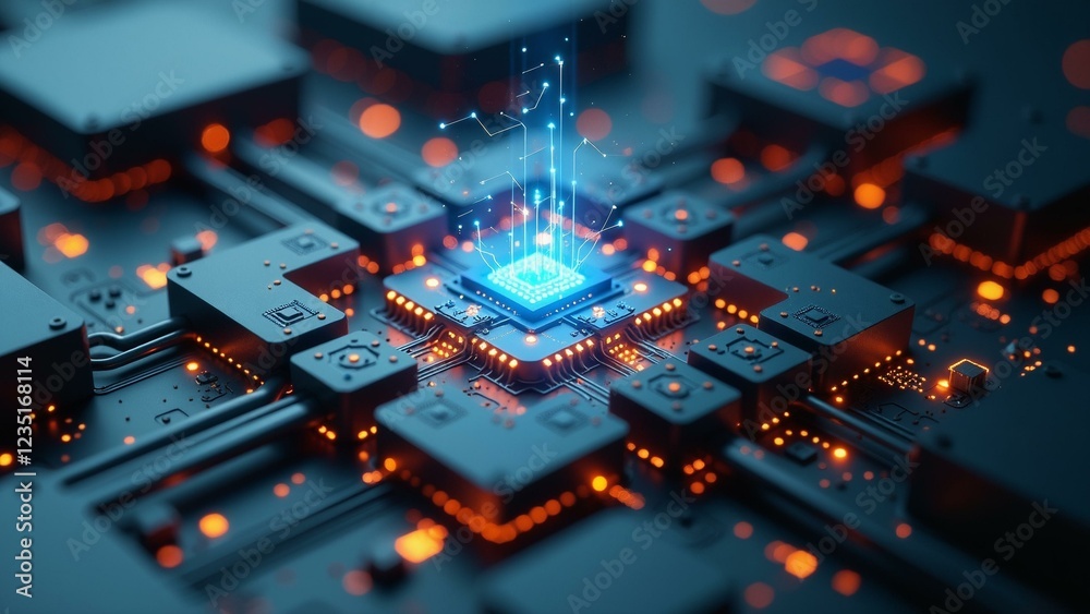 Fototapeta premium A futuristic laboratory with a focus on minimalistic, high-tech design, featuring quantum computer components being assembled.