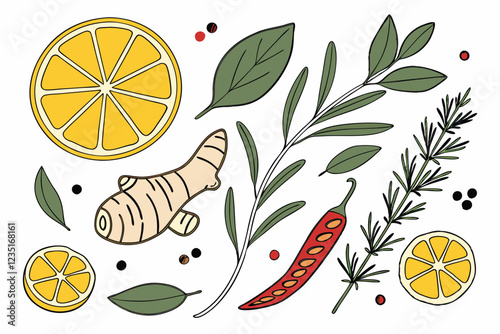  Vibrant fresh ingredients, herbs and spices, overhead view, white background, high-resolution photography, colorful citrus fruits, aromatic herbs, pungent spices, ginger root, garlic cloves, red chil