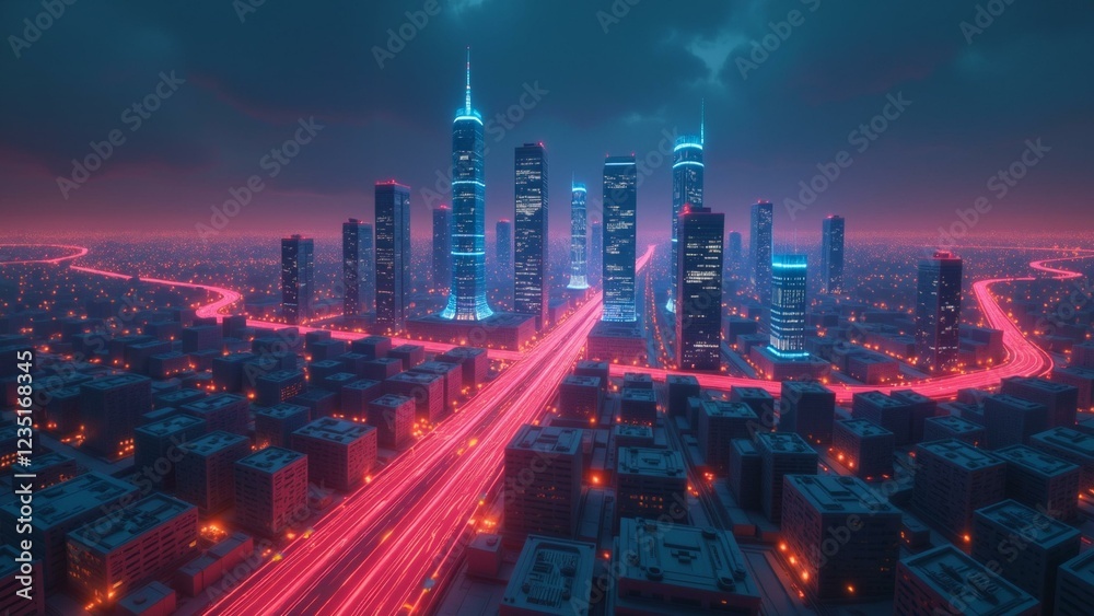 Fototapeta premium A futuristic cityscape at night, with neon lights and holographic grid effects.