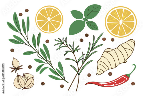  Vibrant fresh ingredients, herbs and spices, overhead view, white background, high-resolution photography, colorful citrus fruits, aromatic herbs, pungent spices, ginger root, garlic cloves, red chil