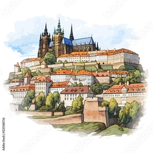 Prague castle hand-drawn comic illustration. Prague castle. Vector doodle style cartoon illustration