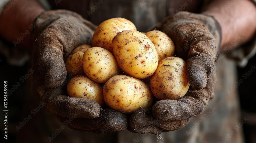 Hands holding freshly harvested organic potatoes Hands holding freshly harvested organic potatoes