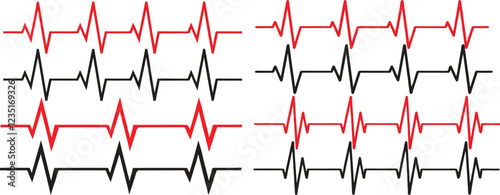 Red and Black Heartbeat Line Vector Pattern for Medical Designs, Heart beat pulse icon vector. Heart cardiogram line icon set, on white background. Pulse, ecg, ekg, hertbeat, graph concept. Vector
