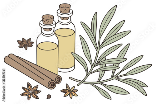 Flat lay photography, essential oils, glass bottles with cork stoppers, fresh herbs, green leaves, rosemary sprigs, sage leaves, thyme sprigs, cinnamon sticks, dried spices, natural ingredients, aroma