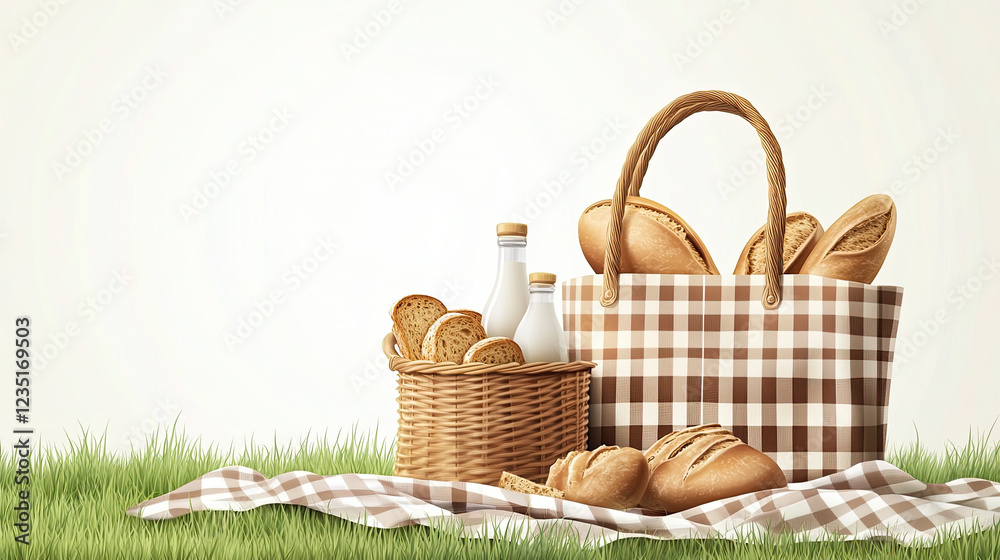 Picnic Basket with Bread, Pastries, and Milk Bottles on Grass Picnic Basket with Bread, Pastries, and Milk Bottles on Grass