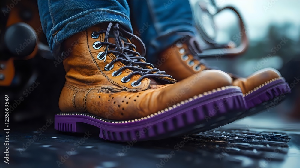 A person is wearing a pair of brown boots with purple accents A person is wearing a pair of brown boots with purple accents