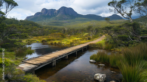 Scenic wooden bridge over lush green wilderness tasmania nature photography tranquil environment ground level viewpoint. Lush Wilderness. Illustration photo