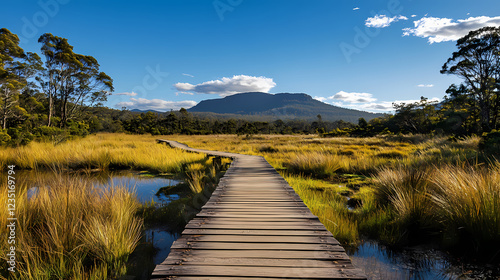 Scenic wooden bridge over lush green wilderness tasmania nature photography tranquil environment ground level viewpoint. Lush Wilderness. Illustration photo