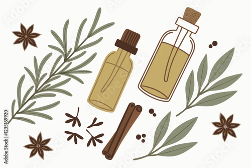 Flat lay photography, essential oils, glass bottles with cork stoppers, fresh herbs, green leaves, rosemary sprigs, sage leaves, thyme sprigs, cinnamon sticks, dried spices, natural ingredients, aroma