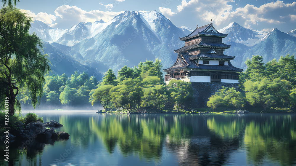 Serene japanese castle by tranquil lake with mountainous backdrop and lush greenery. Lush Wilderness. Illustration Serene japanese castle by tranquil lake with mountainous backdrop and lush greenery. Lush Wilderness. Illustration