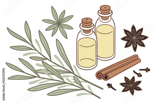Flat lay photography, essential oils, glass bottles with cork stoppers, fresh herbs, green leaves, rosemary sprigs, sage leaves, thyme sprigs, cinnamon sticks, dried spices, natural ingredients, aroma