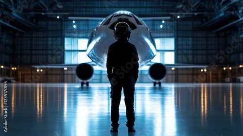 Silhouette of aerospace engineer standing in front of an airplane on a clear day