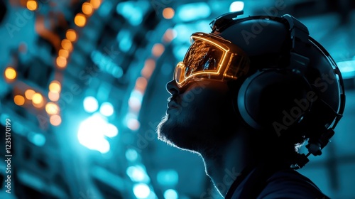 Man with headphones looking up at a mirror with aerospace engineer silhouette in background