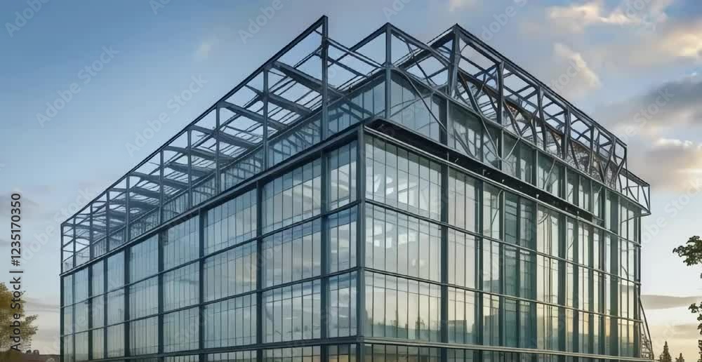 a modern building with a glass facade and a complex steel structure a modern building with a glass facade and a complex steel structure