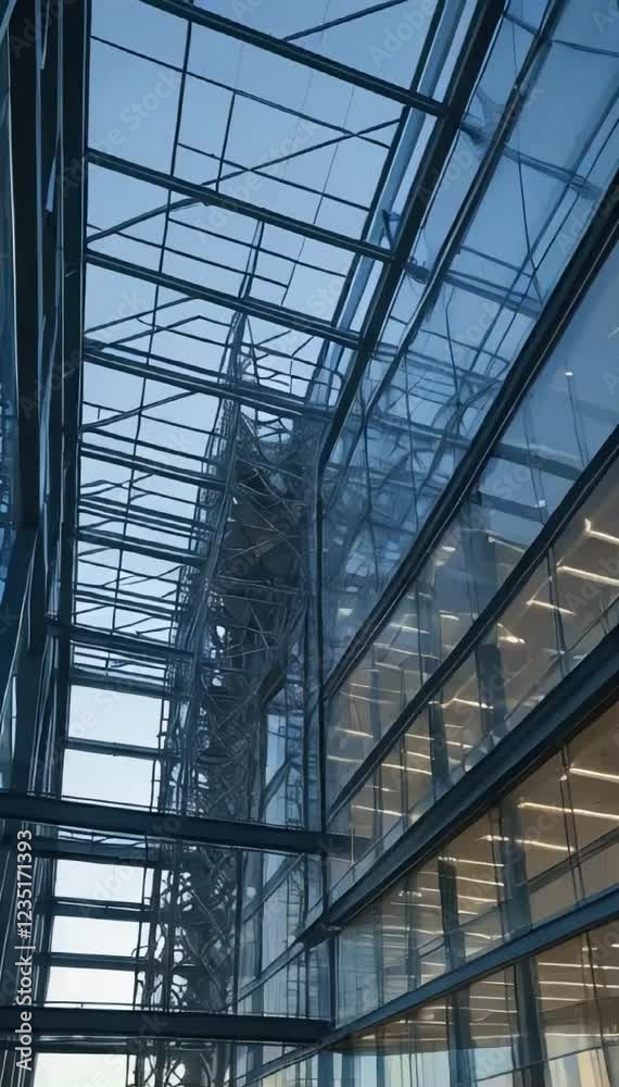 a modern building with a glass facade and a complex steel structure. a modern building with a glass facade and a complex steel structure.