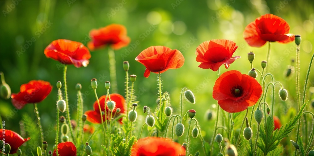 Fototapeta premium Vibrant poppy flowers blooming in a sunny field, colorful nature scene, floral beauty concept