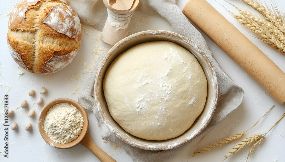 Bowl of fresh yeast dough with flour, rolling pin and fresh sourdough bread on white stone background. Baking, pastry concept Bowl of fresh yeast dough with flour, rolling pin and fresh sourdough bread on white stone background. Baking, pastry concept