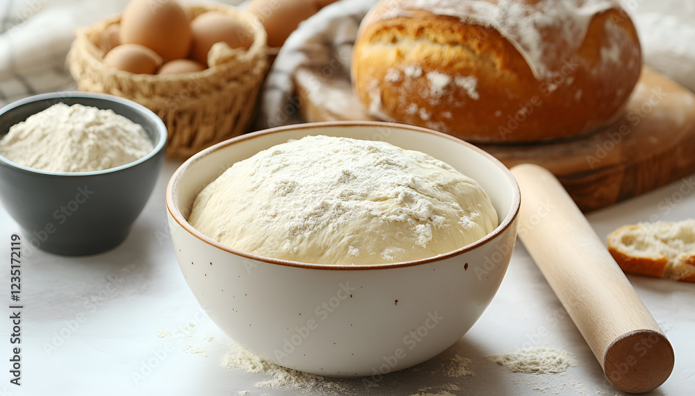 Bowl of fresh yeast dough with flour, rolling pin and fresh sourdough bread on white stone background. Baking, pastry concept Bowl of fresh yeast dough with flour, rolling pin and fresh sourdough bread on white stone background. Baking, pastry concept