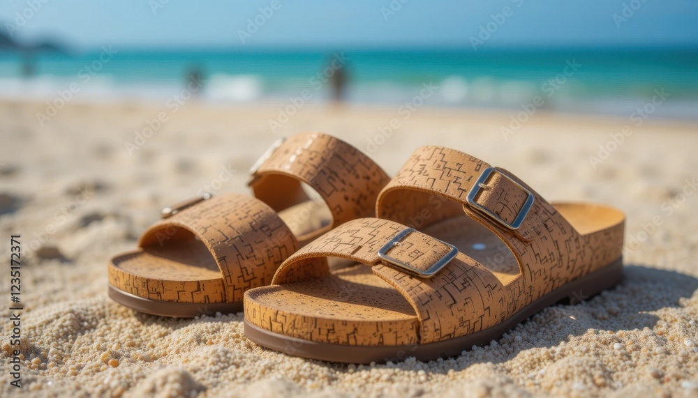 Naklejka premium eco-friendly cork sandals placed on a sandy beach