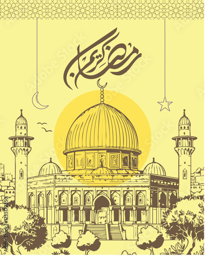 Ramadan Mubarak – Traditional  modern Arabic calligraphy – Al-Aqsa Mosque – Social media post idea.