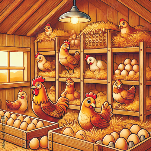 Vector cartoon farm illustration with wooden chicken coop, hens, rooster and eggs. For childrens books, kitchen decor, packaging, agriculture websites, prints, farm simulation games, puzzles.