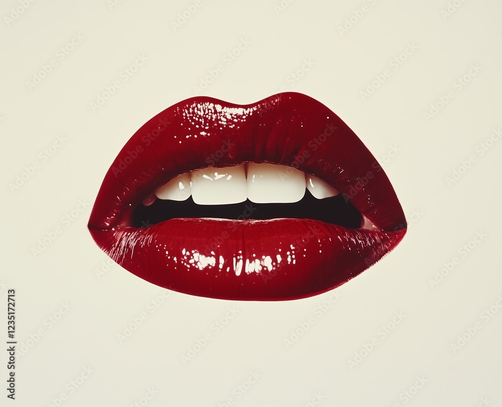 Glossy red lips on a beige background. Retro lip photography. Close-up of spectacular red lips with a shiny glossy coating reflecting light. Glossy red lips on a beige background. Retro lip photography. Close-up of spectacular red lips with a shiny glossy coating reflecting light.