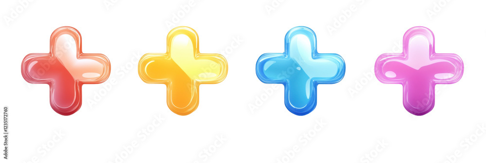 Vibrant glossy plus signs in red, yellow, blue, and purple on transparent background png Vibrant glossy plus signs in red, yellow, blue, and purple on transparent background png