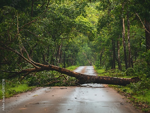 A fallen tree blocking a rural road after a cyclone, emphasizing infrastructure challenges.