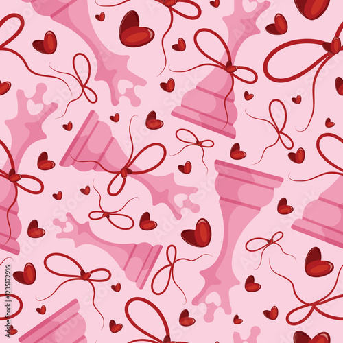 valentines day seamless pattern with chess pieces namely pink queen with red bow and red hearts on a pink background, for patterns, textile or packaging