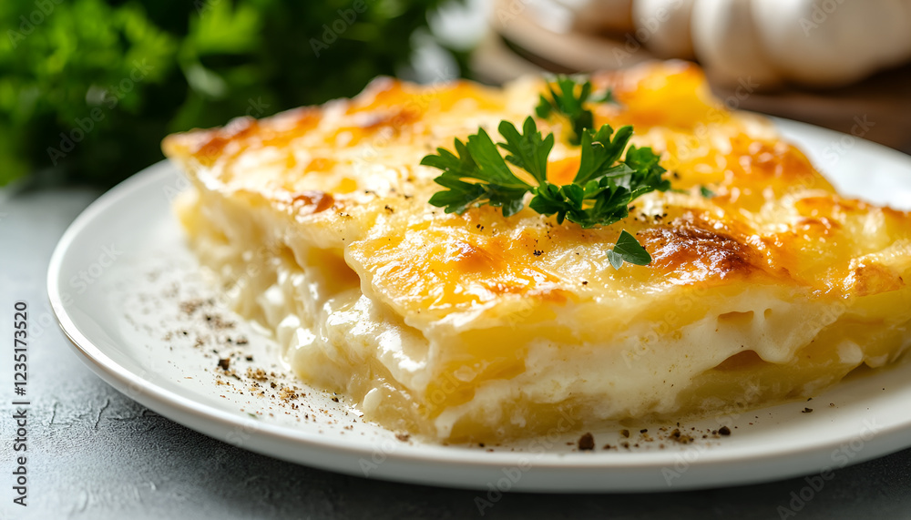 Potato gratin with cream, cheese and parsley on white plate Potato gratin with cream, cheese and parsley on white plate